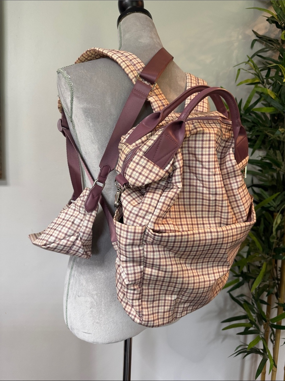 a new day Plaid Backpack and crossbody combo with purple Accents